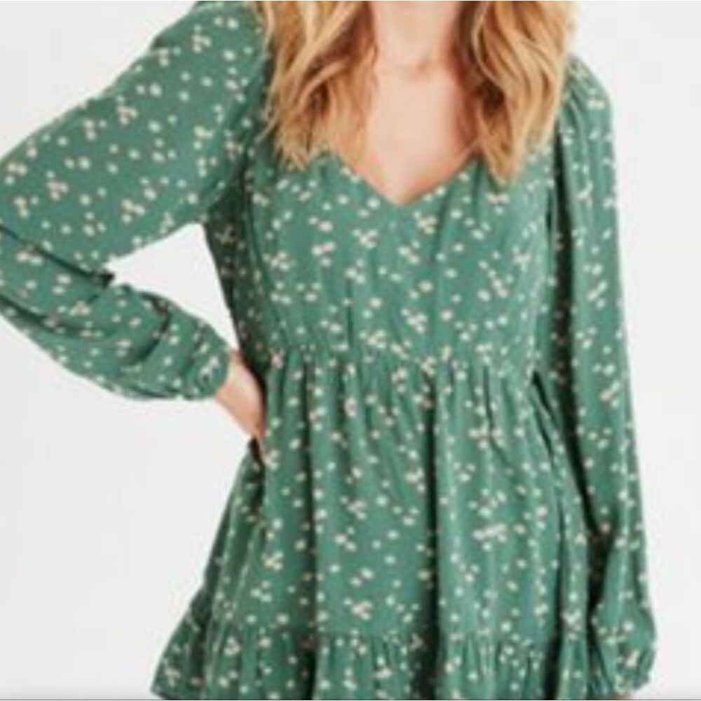 American Eagle Green & Mini Daisies Floral Boho Layered Peasant Babydoll Top L